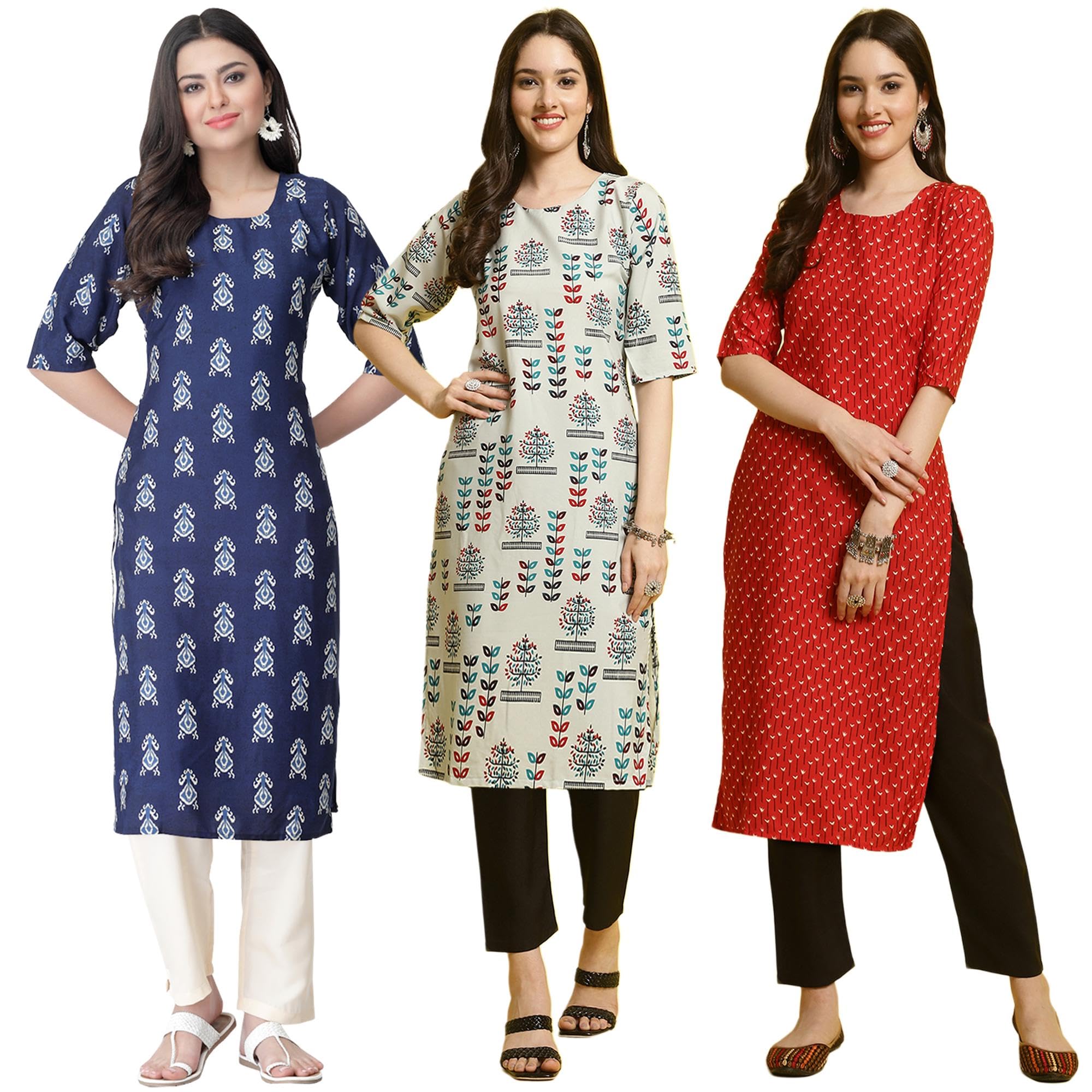 Pinkmint Womens Crepe Printed Kurta Pant Straight Kurta Set for Women(Pack of 3)