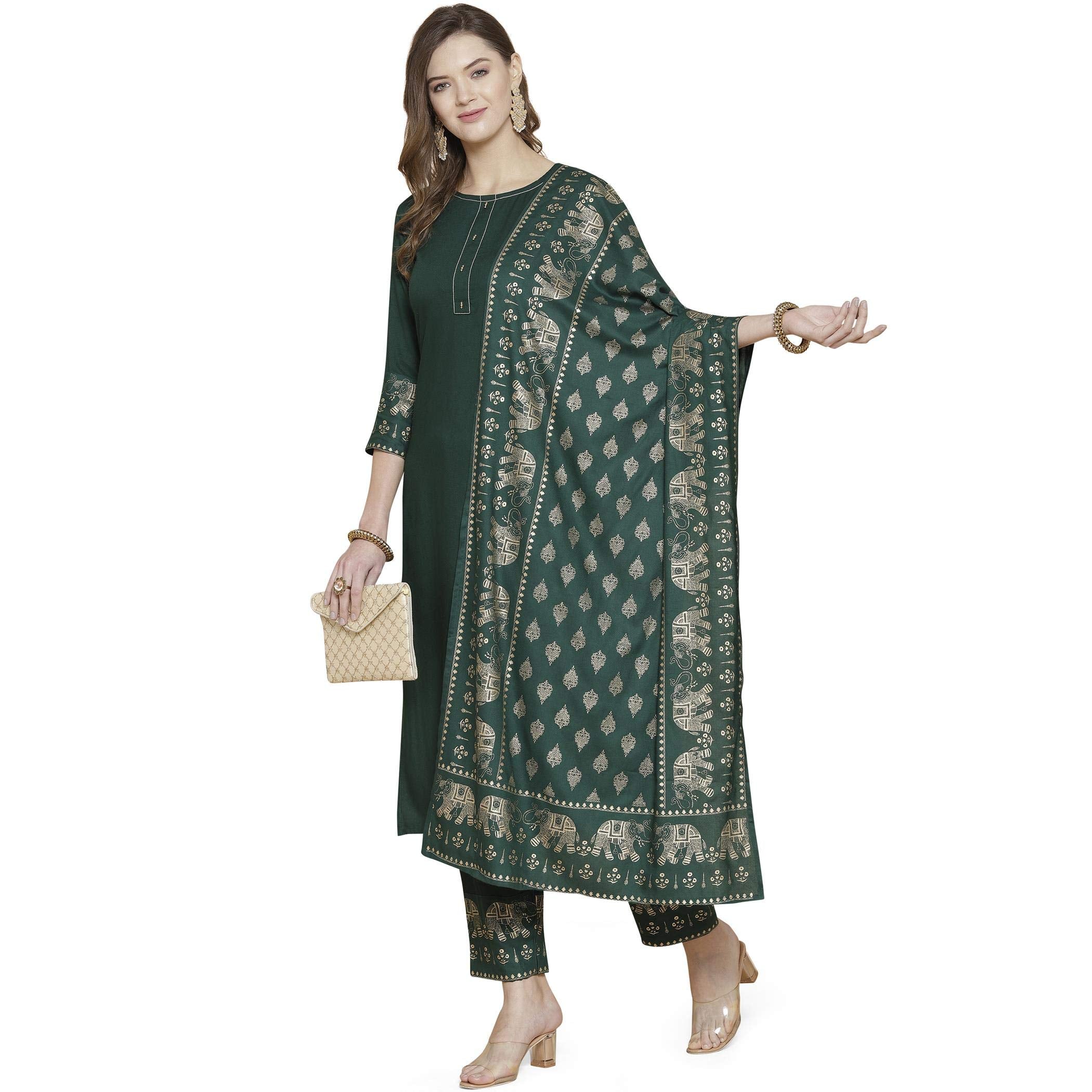 Gosriki Women'S Rayon Solid Kurta With Palazzo & Dupatta (Green,S)