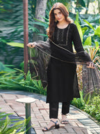Sanisa Womens Cotton Blend Embroidery Straight Kurta with Pant and Gota Lace Work Dupatta