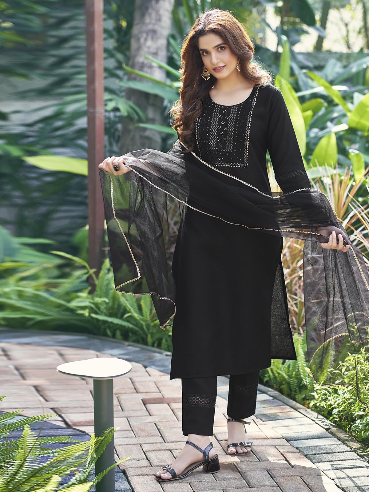 Sanisa Womens Cotton Blend Embroidery Straight Kurta with Pant and Gota Lace Work Dupatta