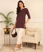 Dsk Studio WomenS And GirlS Striped Short Kurti With Notch Neck 3/4 Sleeves Straight Hem Length | Short Kurti For Women Latest