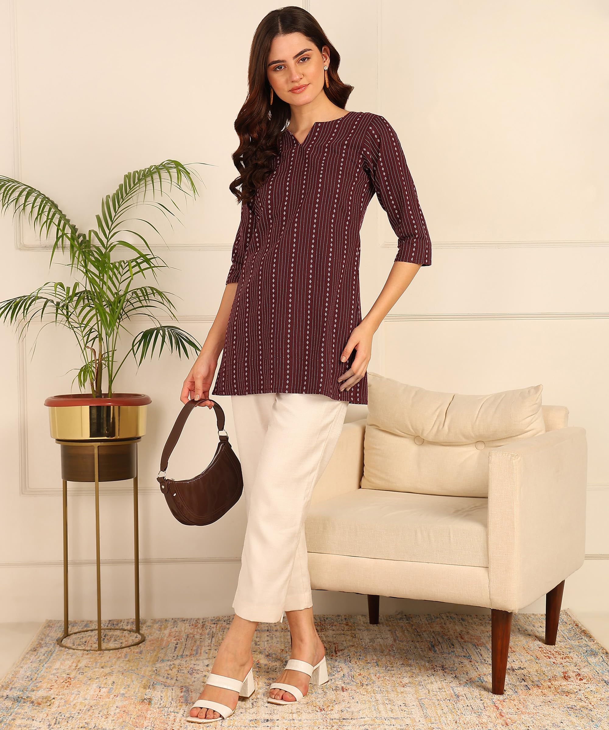 Dsk Studio WomenS And GirlS Striped Short Kurti With Notch Neck 3/4 Sleeves Straight Hem Length | Short Kurti For Women Latest