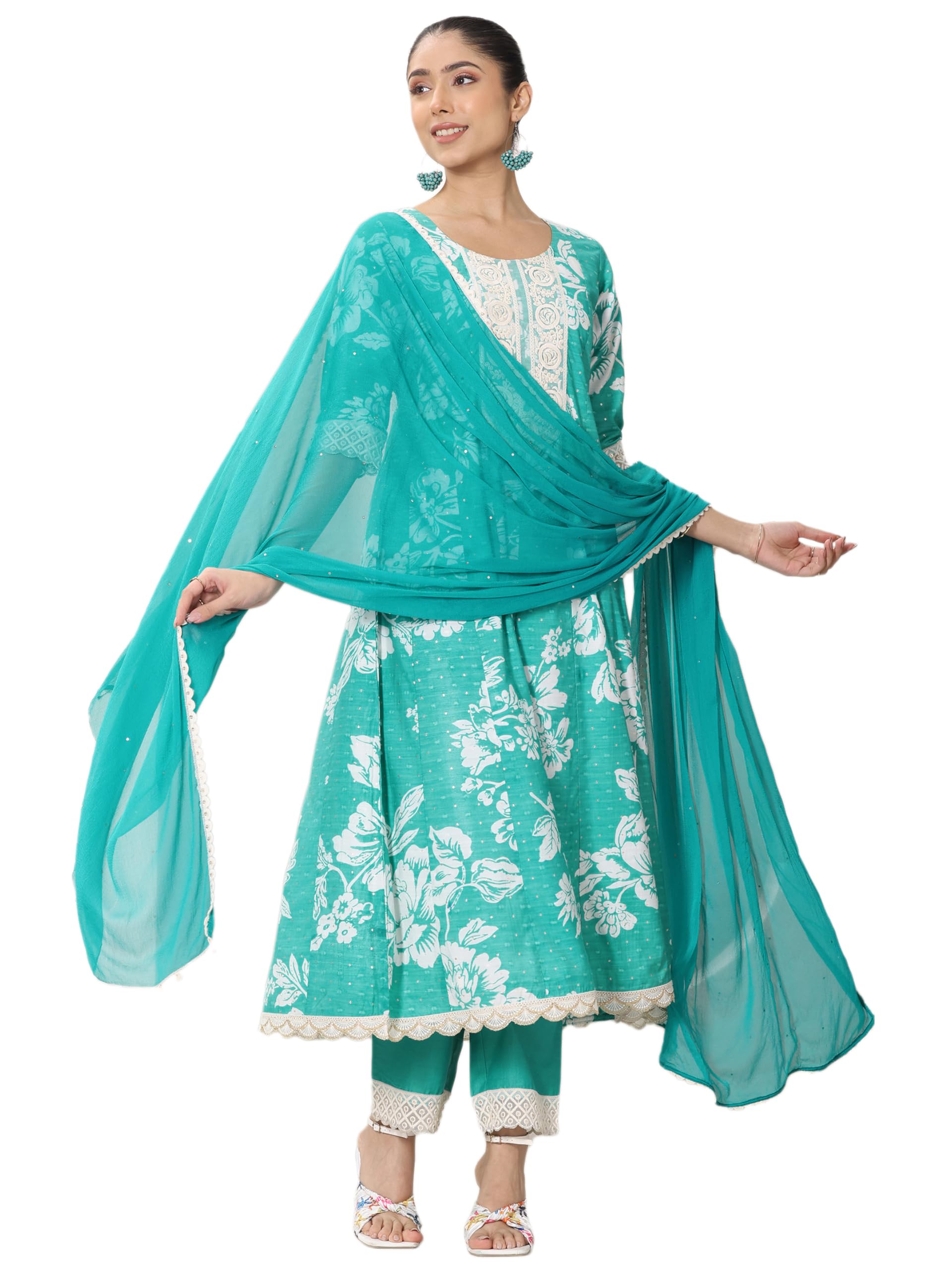 Blue Floral Printed Panelled Anarkali Kurta With Solid Trouser And Chiffon Dupatta