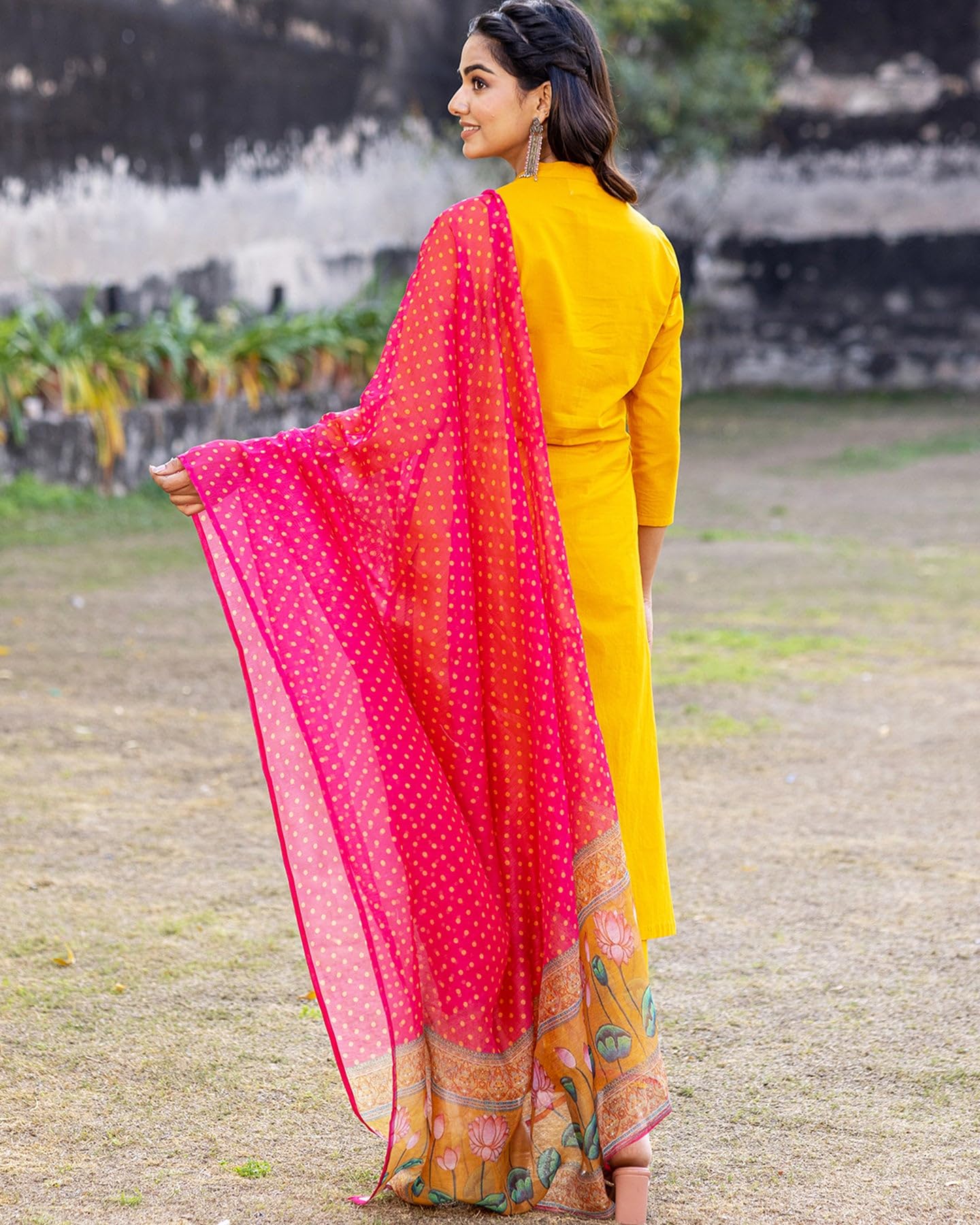 ANNI DESIGNER Womens Cotton Blend Straight Printed Kurta with Pant & Dupatta (Devanshi-Yellow_S_Yellow_Small)