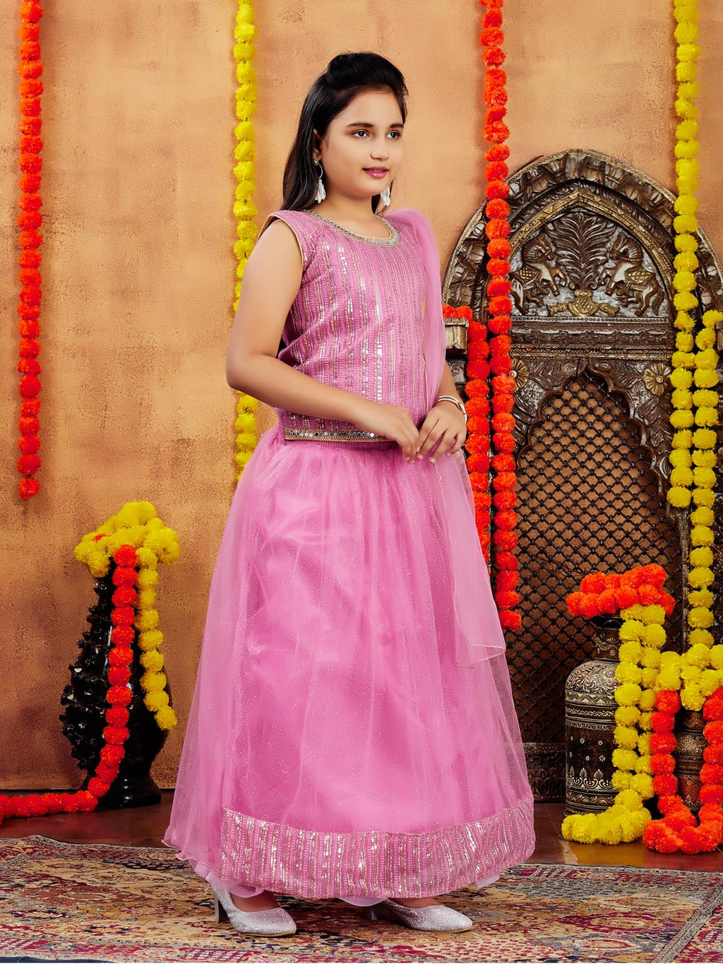 Aarika Girls Ethnic Wear Pink Colour Sequin Embroidery Net Lehenga Choli Set (4-10 Years)