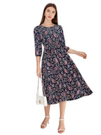Toochki WomenS Navy Blue Rayon Paisley Print Fit & Flared Western Dress | Dress For Women | A Line Dress | Winter Dress | Weste