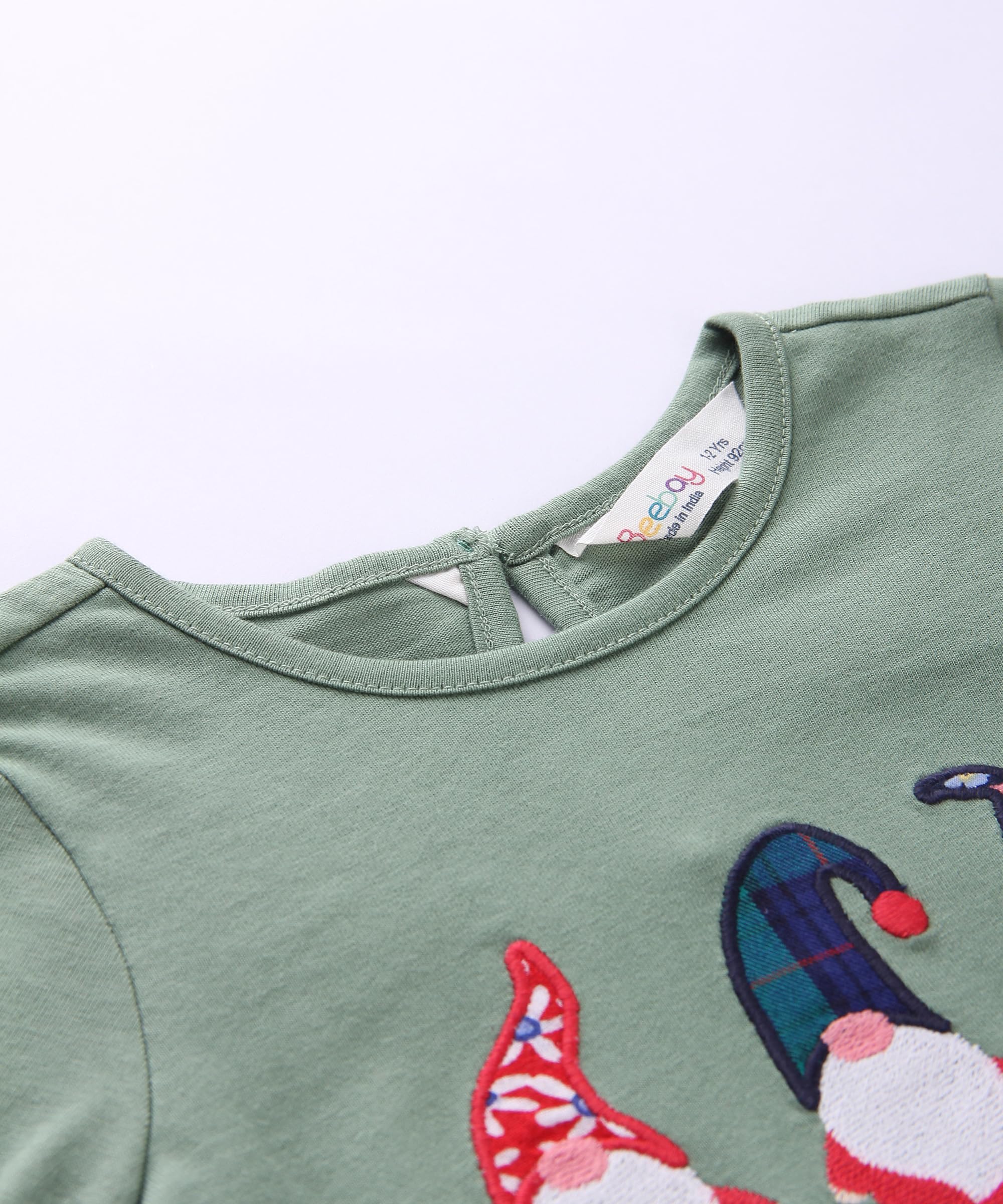 Beebay Green Santa Embroidered Full Sleeve T-Shirt