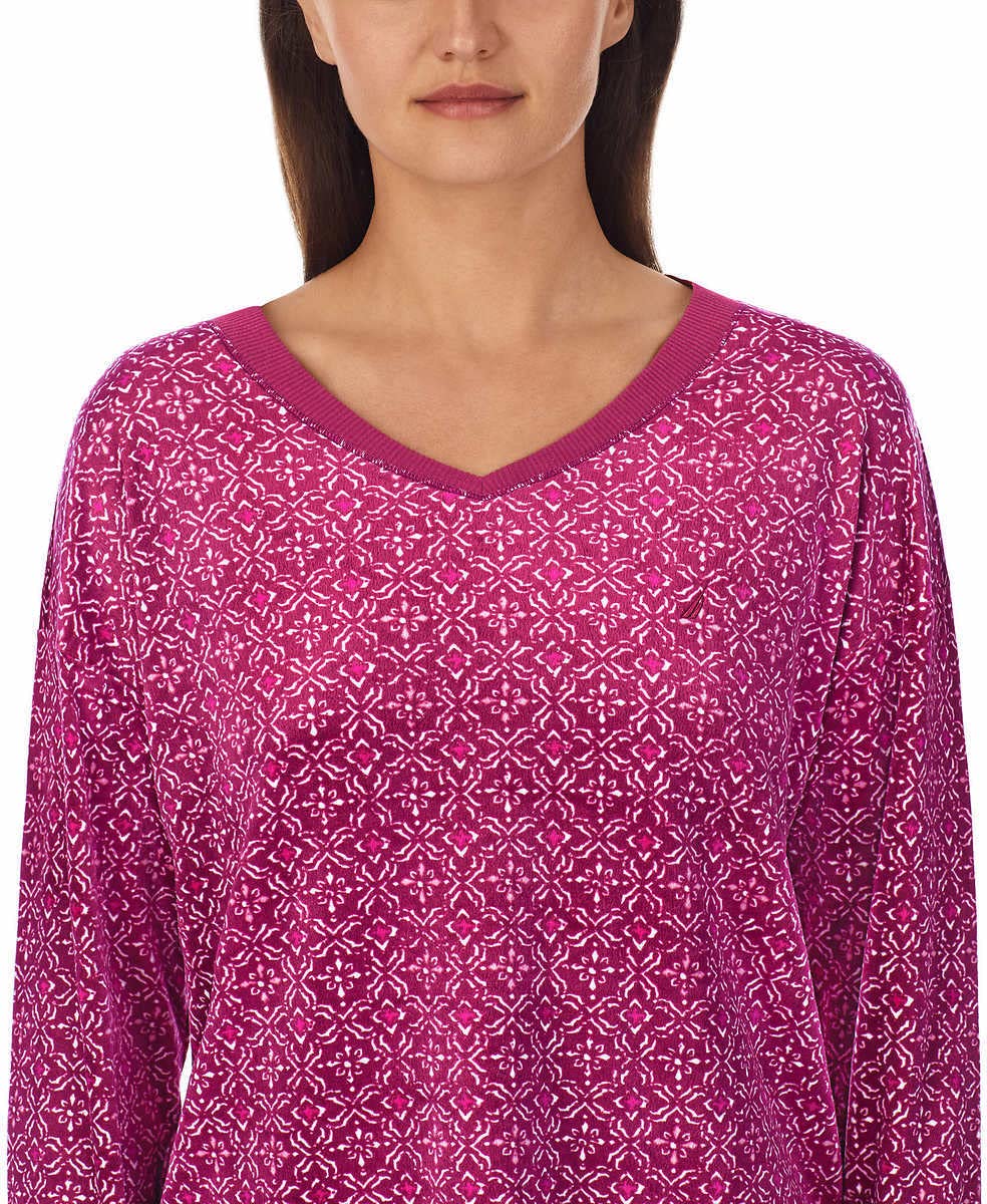 Nautica Womens Pajamas - Cozy Silky Fleece - 2 Piece Long Sleeve Winter Sleepwear Set for Women, Stamp Geo, Small Purple