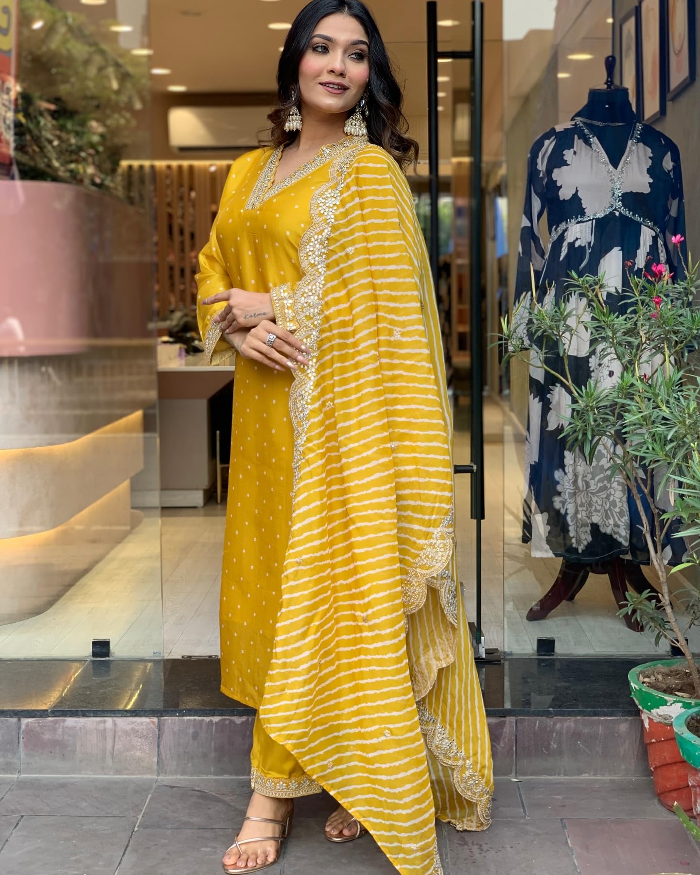 ANNI DESIGNER Women s Straight Printed Rayon Blend Kurta with Trousers and Dupatta