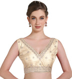 Pujia Mills WomenS Indian Ethnic Wear Designer Gold Zari Embroidery With Sequence Work V Neck Sleeveless Readymade Back Side Wo