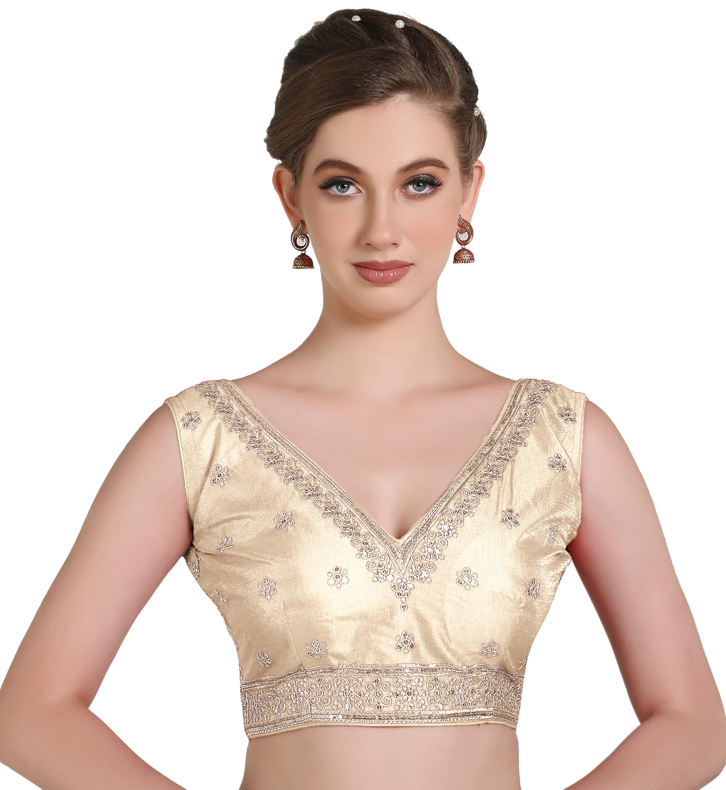 Pujia Mills WomenS Indian Ethnic Wear Designer Gold Zari Embroidery With Sequence Work V Neck Sleeveless Readymade Back Side Wo