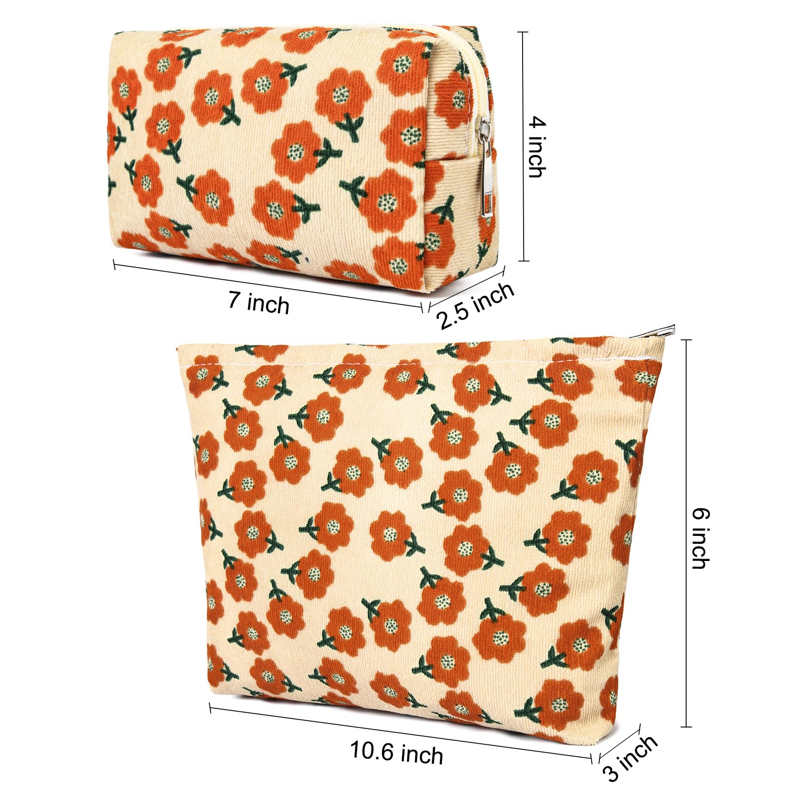 SOIDRAM 2 Pieces Flower Makeup Bag Large Corduroy Cosmetic Bag Capacity Canvas Mix Travel Toiletry Bag Organizer Cute Makeup Bru
