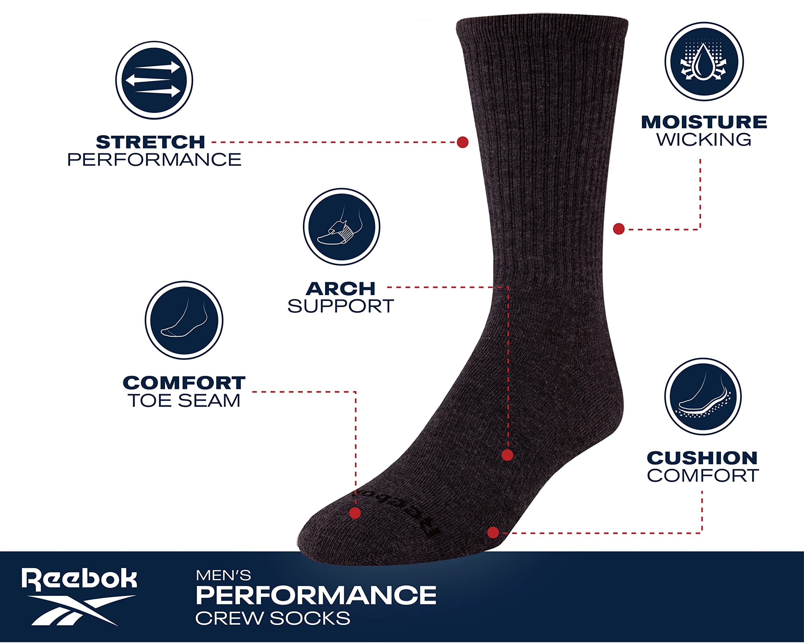 Reebok Men's Cushioned Comfort Athletic Performance High Crew Socks (5 Pack), Size 6-12.5, Ash Grey