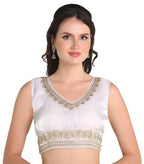 Pujia Mills Womens Sequin Embroidered V Neck Sleeveless Readymade Saree Blouse Indian Ethnic Designer Stitched Readymade Saree 