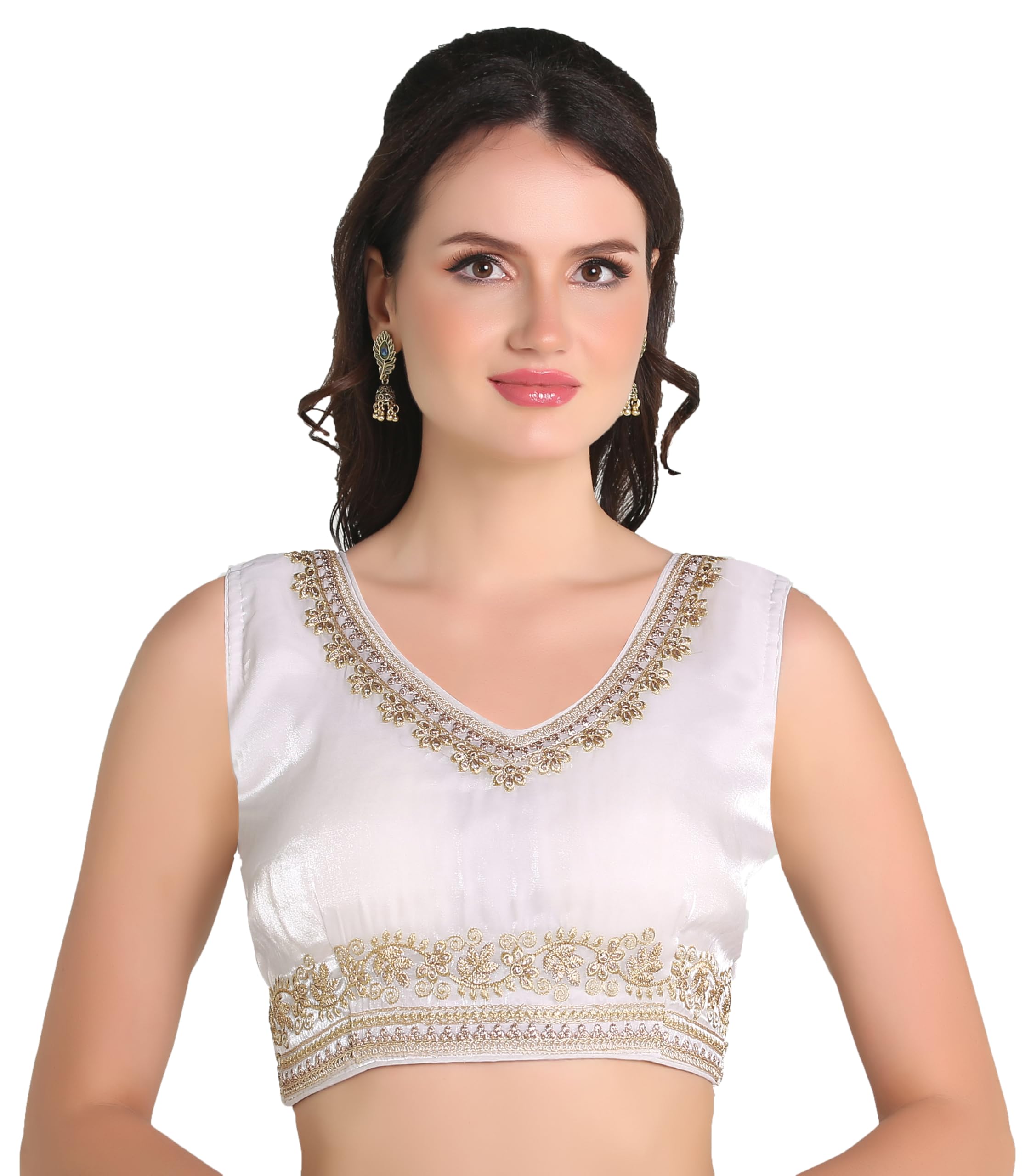 Pujia Mills Womens Sequin Embroidered V Neck Sleeveless Readymade Saree Blouse Indian Ethnic Designer Stitched Readymade Saree 