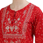 Ishin Women'S Pure Cotton Straight Embroidered Zari Bandhani Print Red Kurta Suit Set With Trouser