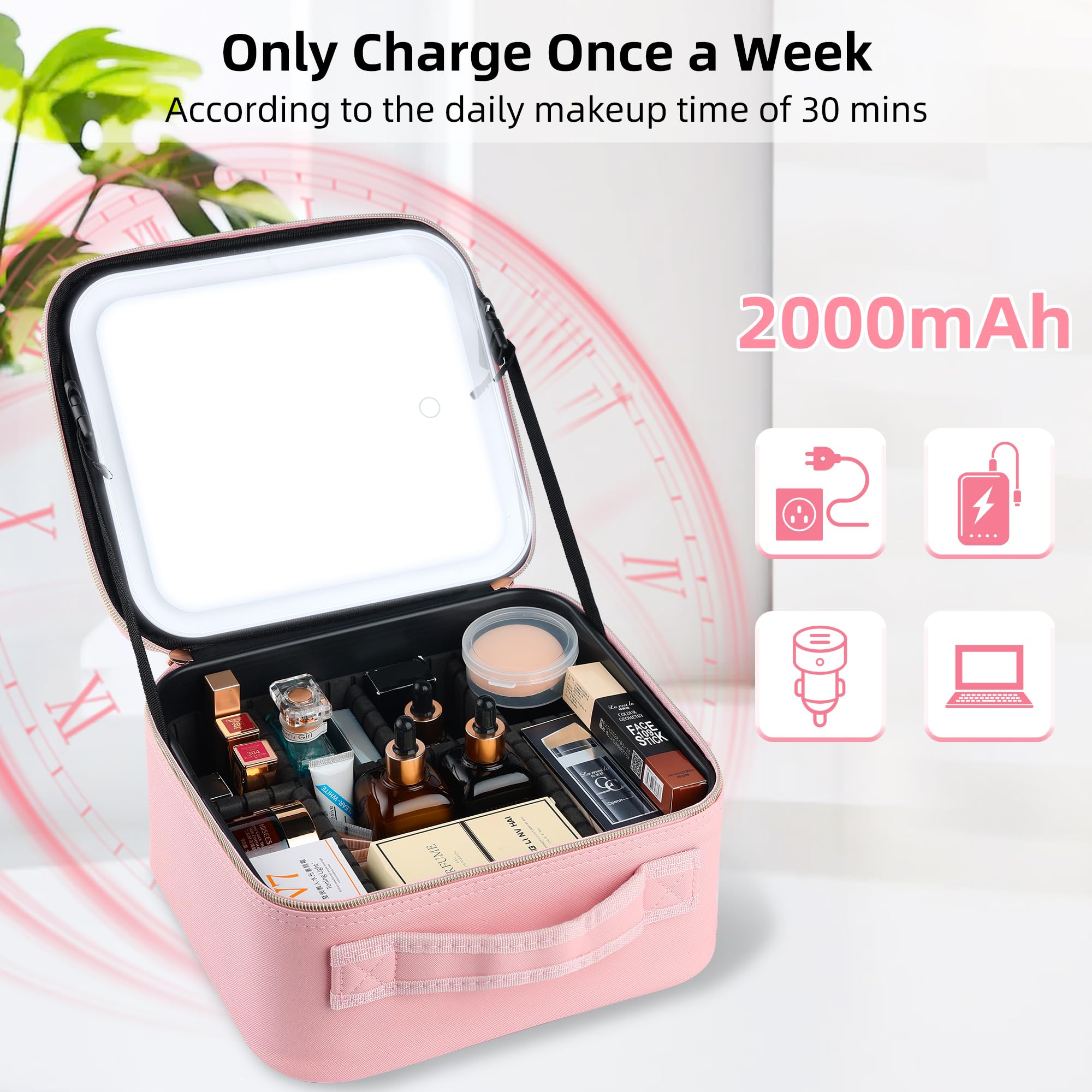 ZhenGuiRu Travel Makeup Bag with LED Lighted Mirror 3 Color Scenarios Adjustable Brightness, Waterproof Cosmetic Train Case Orga