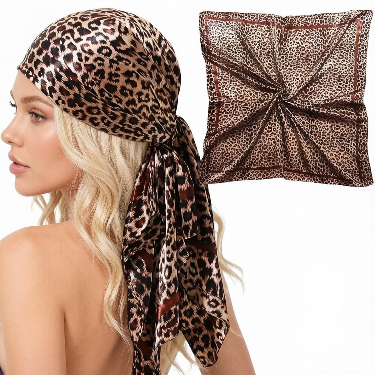 Ahamo Leopard Print Satin Square Scarf For Women 90 X 90 Cm Brown Head Scarf Lightweight Bandana Fashion Neck Wrap Large Satin H 90-90