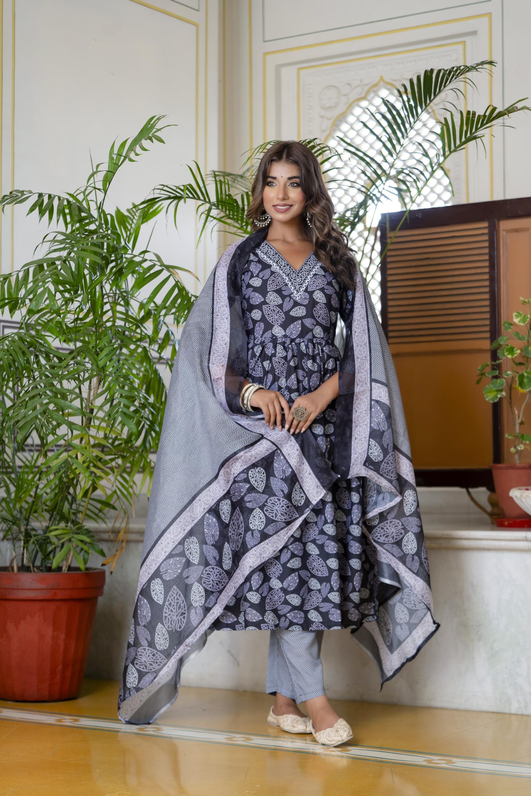 Yashika Women Printed Cotton Blend Lace A-Line Kurta Pant Dupatta Set - Ethnic Elegance For Every Occasion! Experience Comfort And Style With This Stunning Ensemble