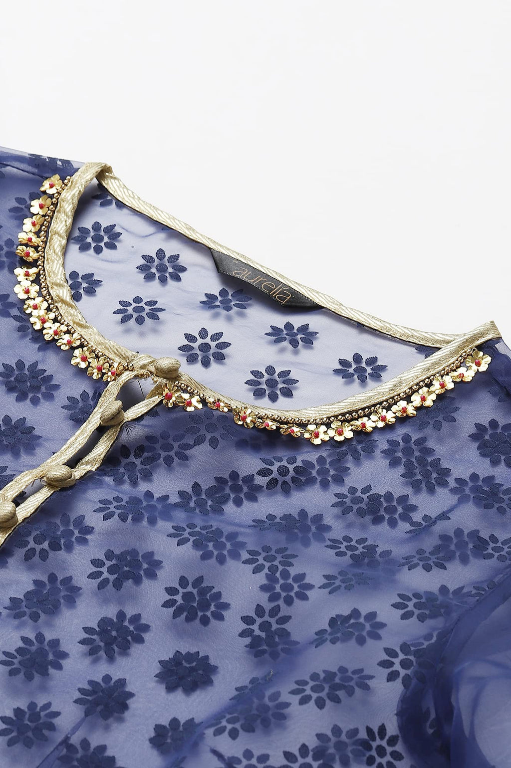 Aurelia Womens Dark Blue A-Line Floral Printed Gilet With Embroidered Inner Kurta_22AUD10435-503229_L