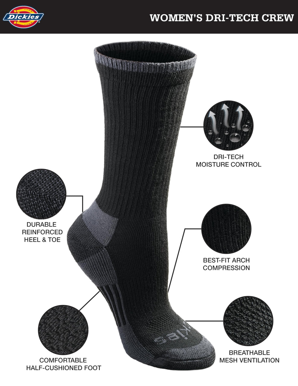 Dickies Women's Dri-Tech Essential Moisture Control Crew Socks, Available in S-XL (6, 12, Black Assorted (6 Pairs), Medium