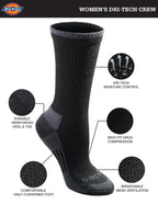Dickies Women's Dri-Tech Essential Moisture Control Crew Socks, Available in S-XL (6, 12, Black Assorted (6 Pairs), Medium
