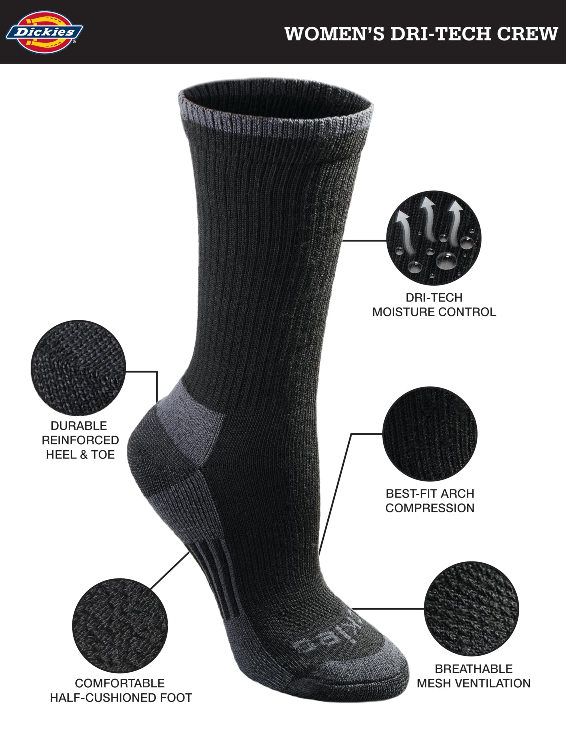 Dickies Women's Dri-Tech Essential Moisture Control Crew Socks, Available in S-XL (6, 12, Black Assorted (6 Pairs), Medium