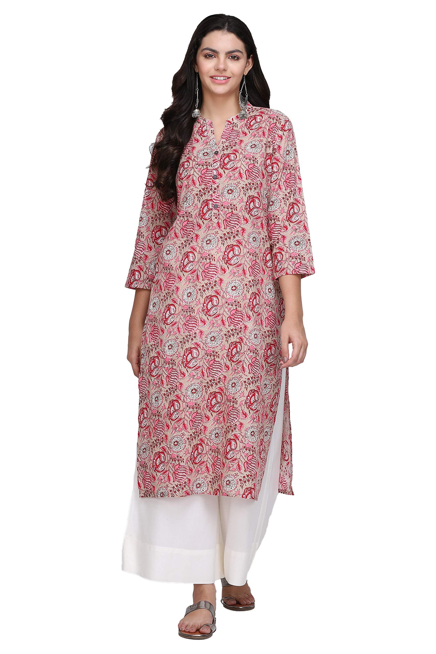 Gosriki Women'S Multicoloured Color Cambric Fancy Long Straight Ethnic Print Kurti (Shree Kur190110_Multicoloured)