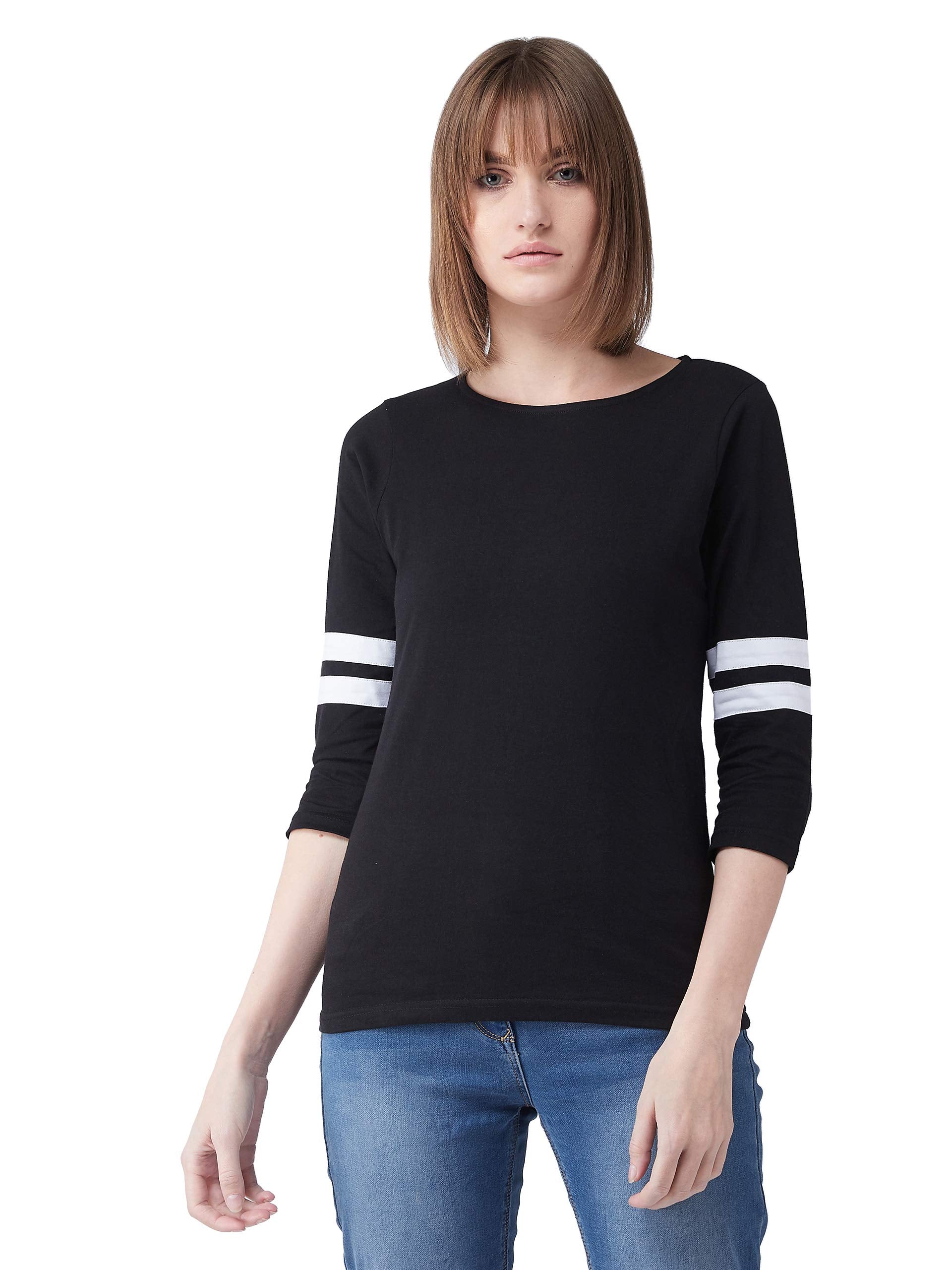 Miss Chase WomenS Black Round Neck 3/4 Sleeves Solid Relaxed Fit Paneled Basic Top (Mcss20Tp99-29-62-03_Black_S)