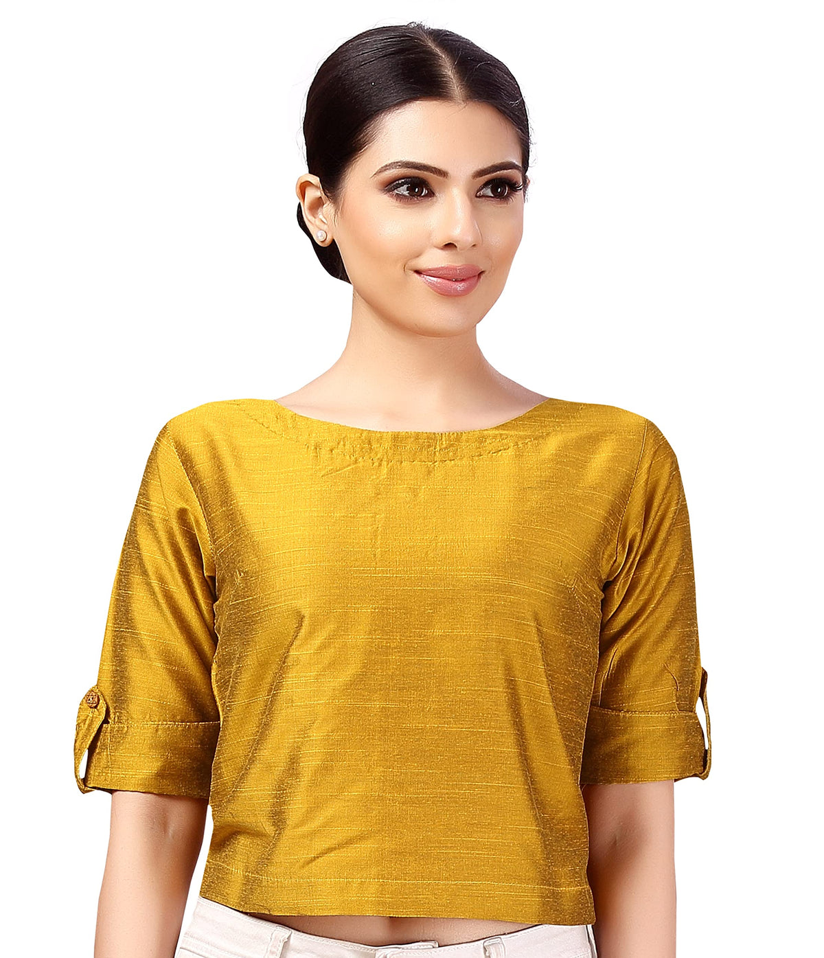 Studio Shringaar WomenS Cotton Silk Half Sleeve Crop Top Saree Blouse (Yellow, 38) 38