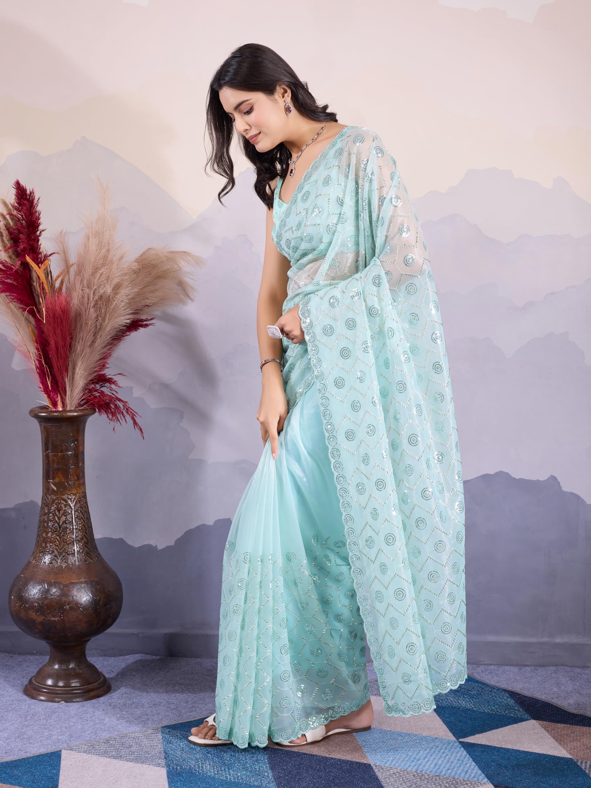 EKASYA Women Soft Twill Net Sky Blue Geometric Pattern Embroidery Work Saree With Unstitched Blouse
