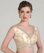 Pujia Mills WomenS Indian Ethnic Wear Designer Gold Zari Embroidery With Sequence Work V Neck Sleeveless Readymade Back Side Wo