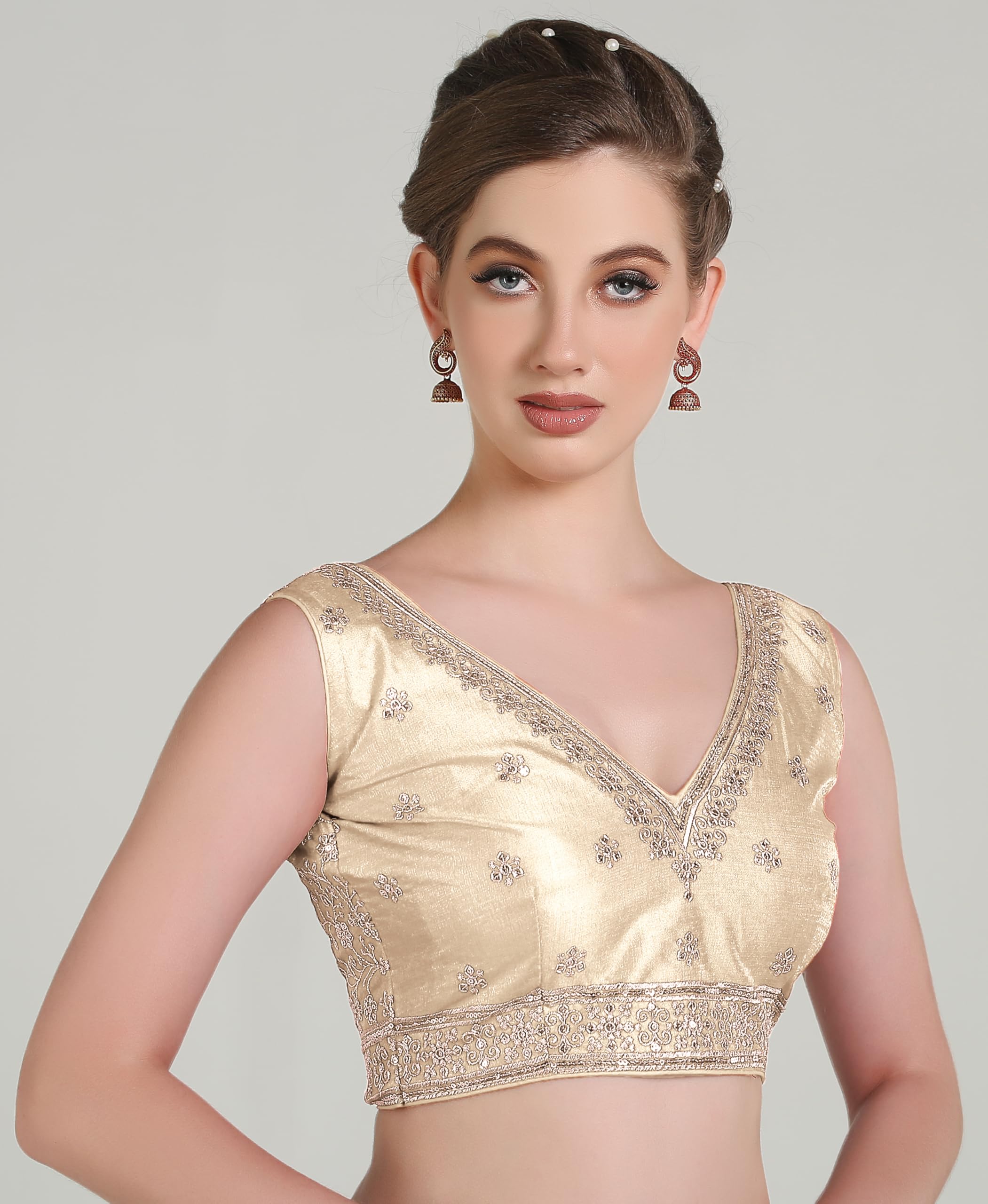 Pujia Mills WomenS Indian Ethnic Wear Designer Gold Zari Embroidery With Sequence Work V Neck Sleeveless Readymade Back Side Wo