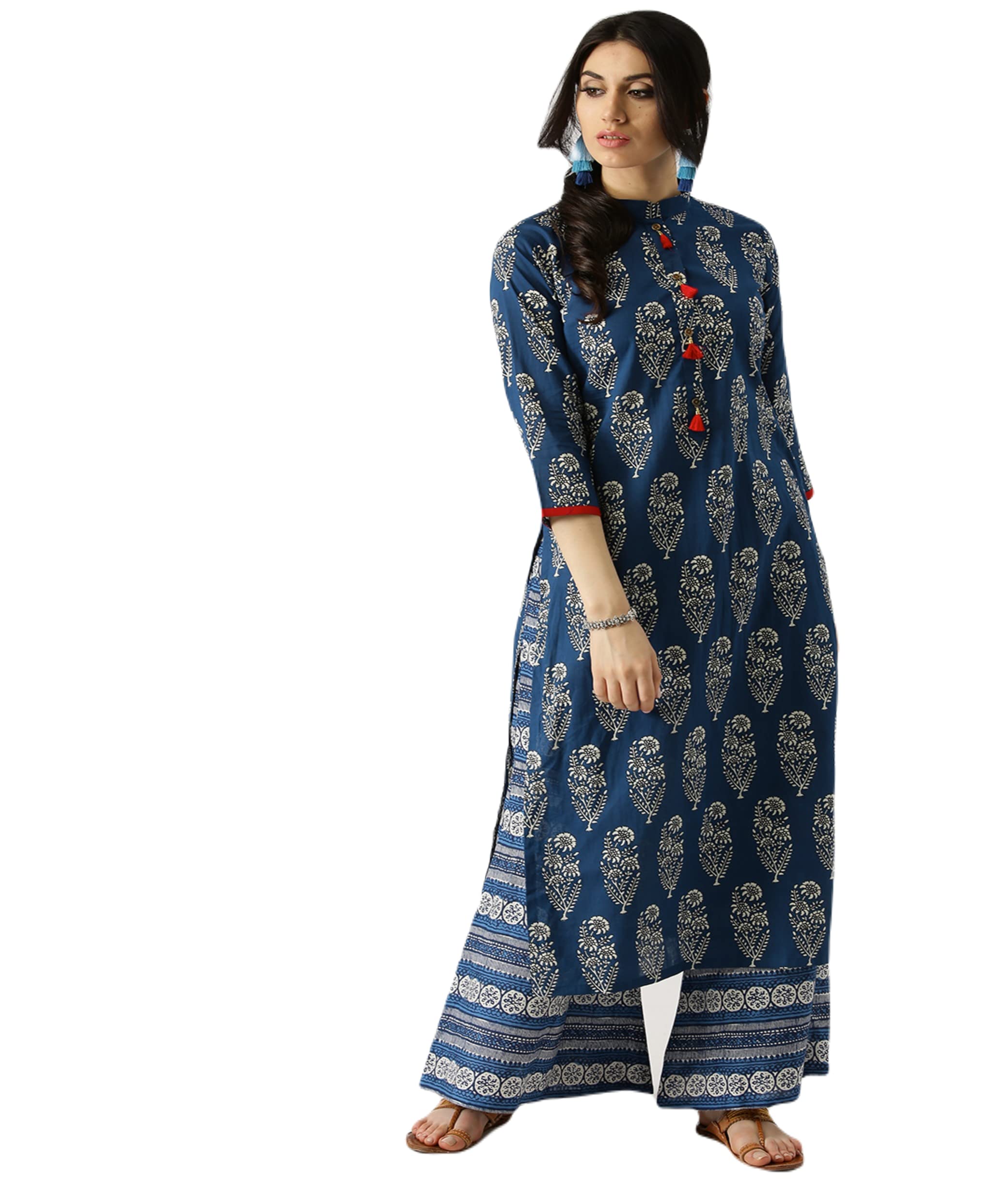 ANNI DESIGNER Women's Cotton Blend Straight Printed Kurta with Palazzo (Firki Blue_S_Blue_Small)