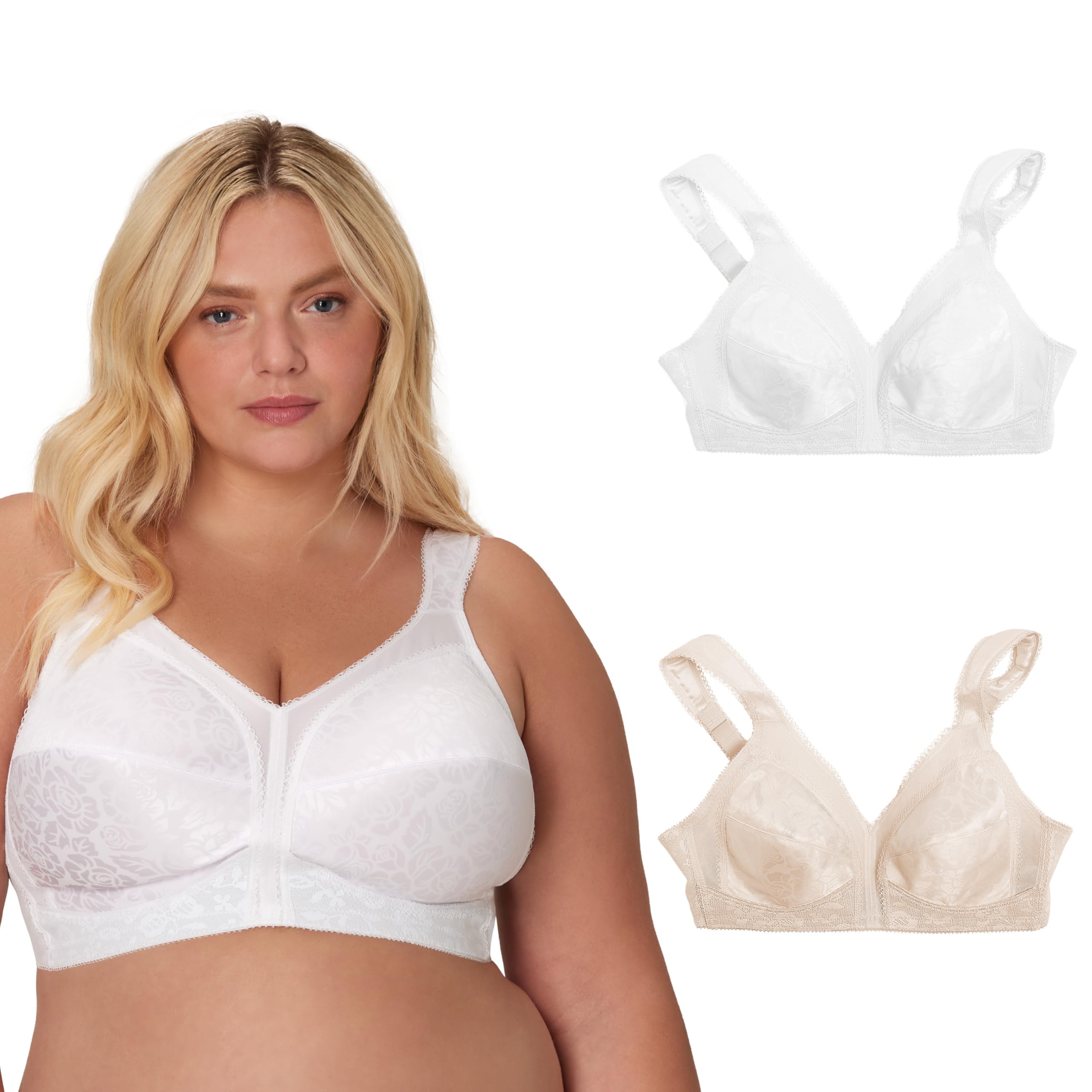 Playtex Women's 18 Hour Comfort-Strap Wireless, Full-Coverage Bra, Single, White/Natural Beige, 2-Pack