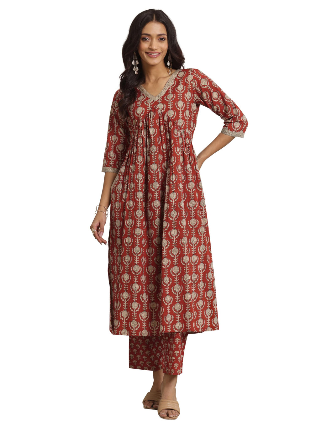 Libas WomenS Pure Cotton Ethnic Motifs Kurta Set (400117O_Brown_L)