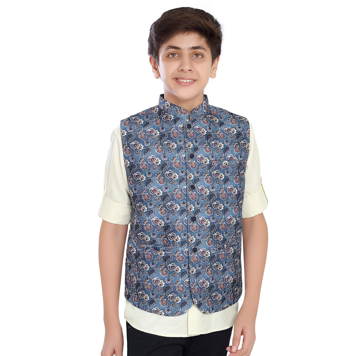 Charchit Boys Blue Printed Nehru Jacket And Shirt 13-14