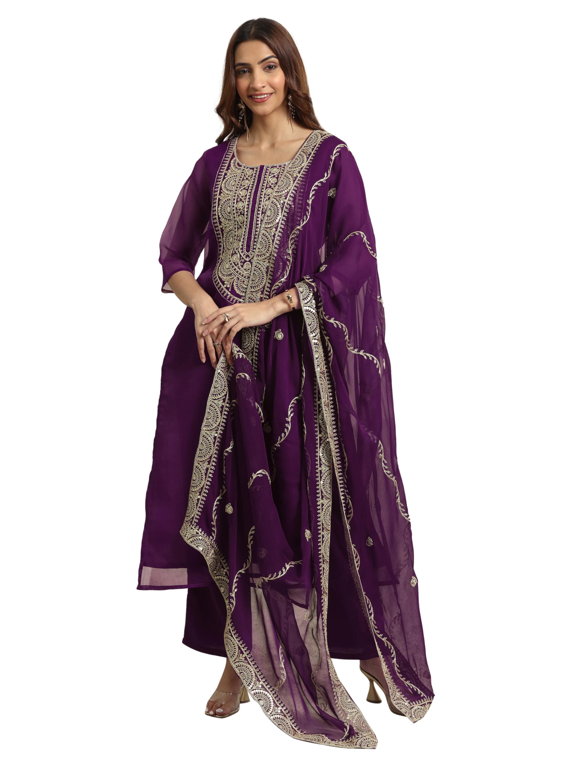 Libas Burgundy Yoke Design Organza Straight Kurta set for Women (99366HXXL)