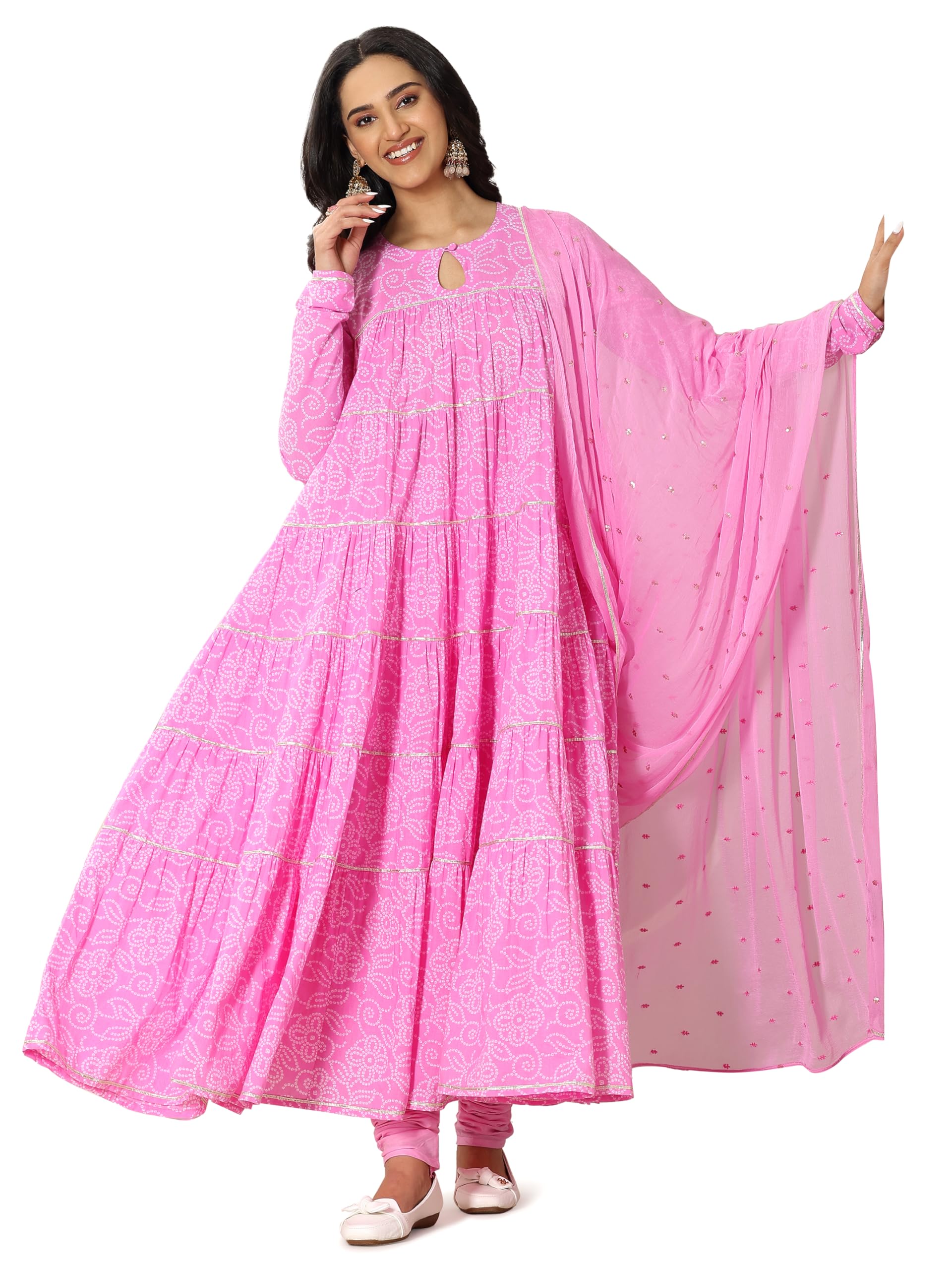 Libas Womens Printed Cotton Anarkali Kurta With Churidar And Dupatta