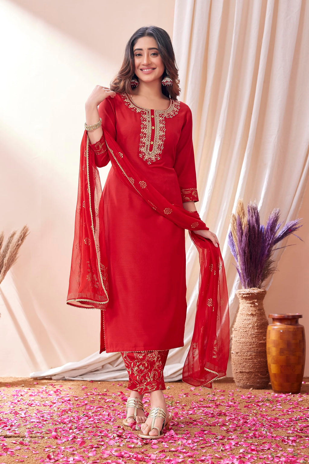 Sanisa Womens Cotton Blend Embroidery Straight Kurta with Pant and Foil Printed Dupatta