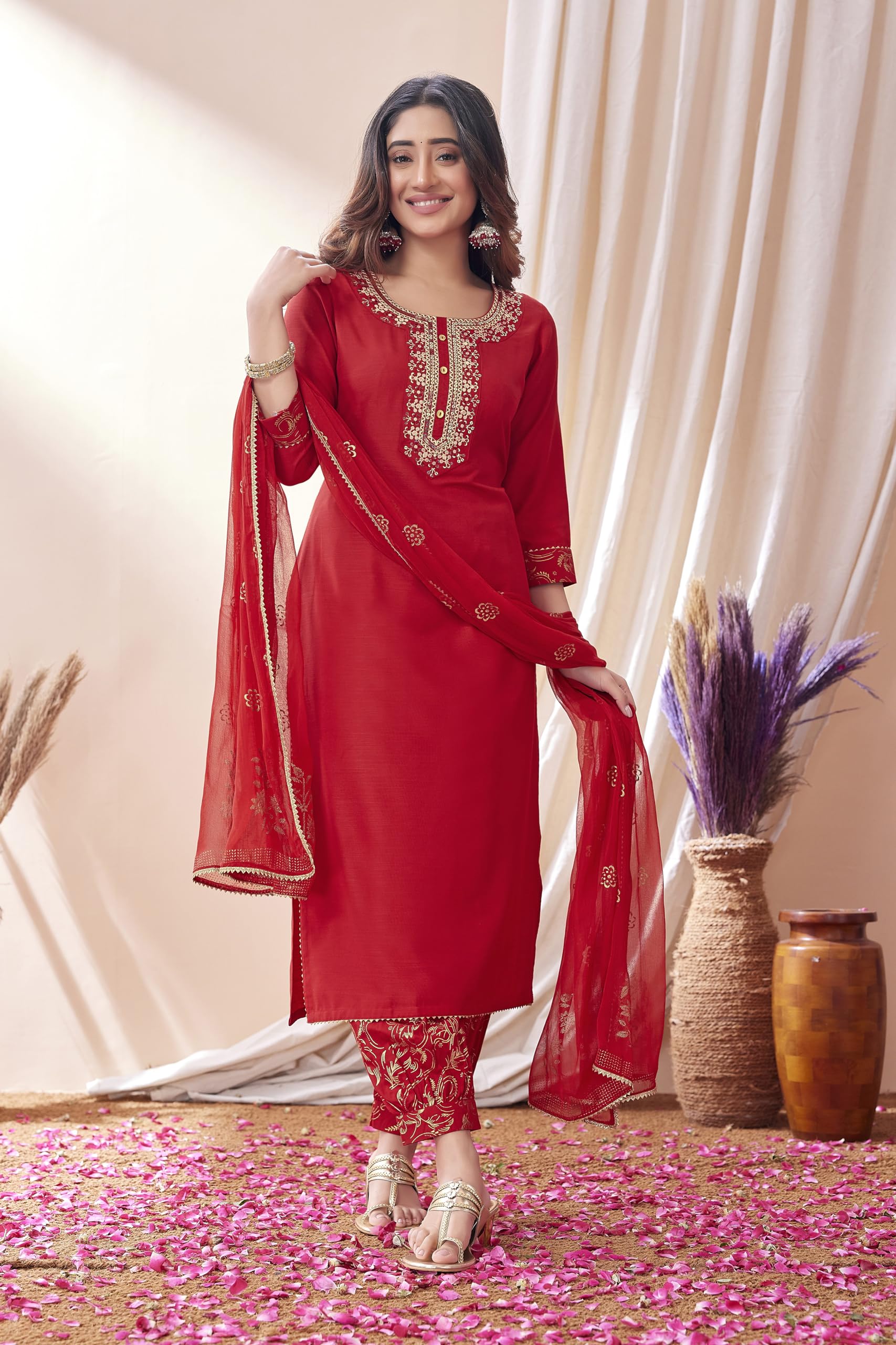 Sanisa Womens Cotton Blend Embroidery Straight Kurta with Pant and Foil Printed Dupatta