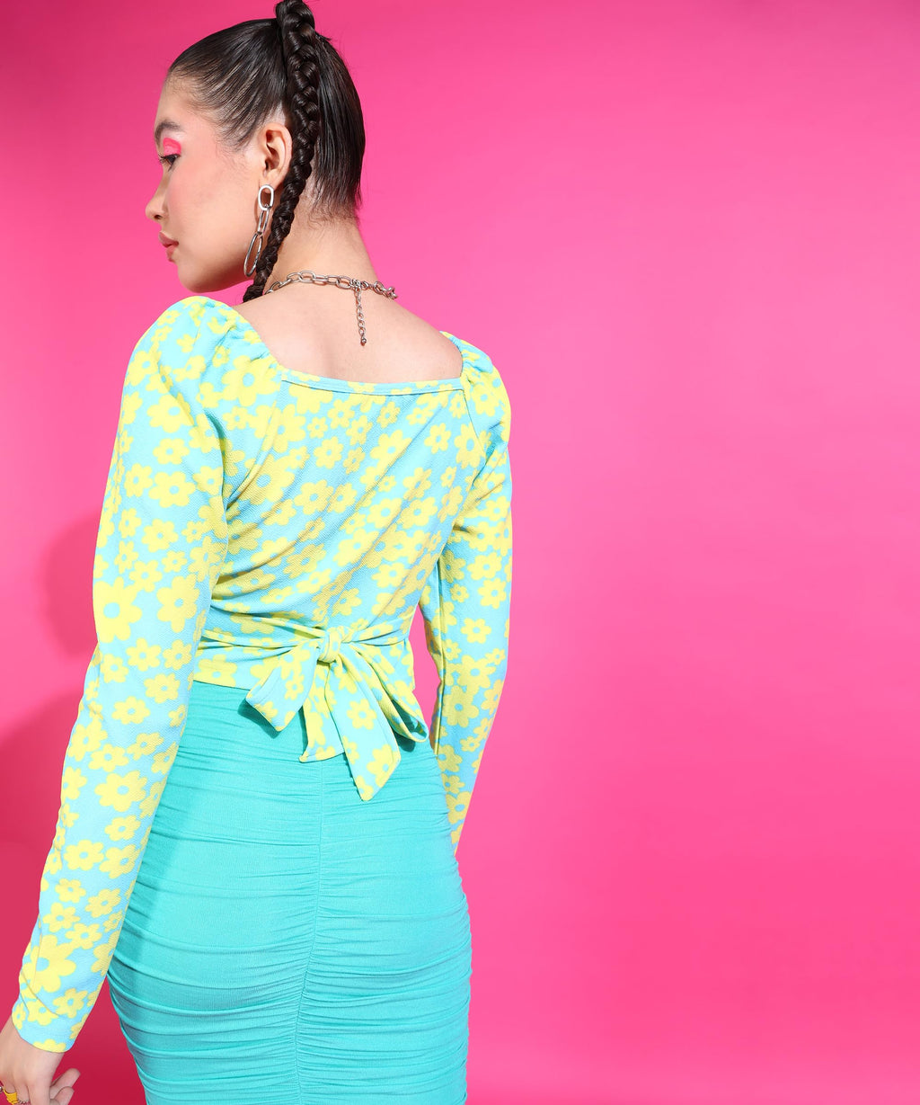 POPWINGS Women Casual Printed Sky Blue Yellow Floral Belt Crop Top Tops for Women | Stylish Tops for Women | Trendy Tops Women