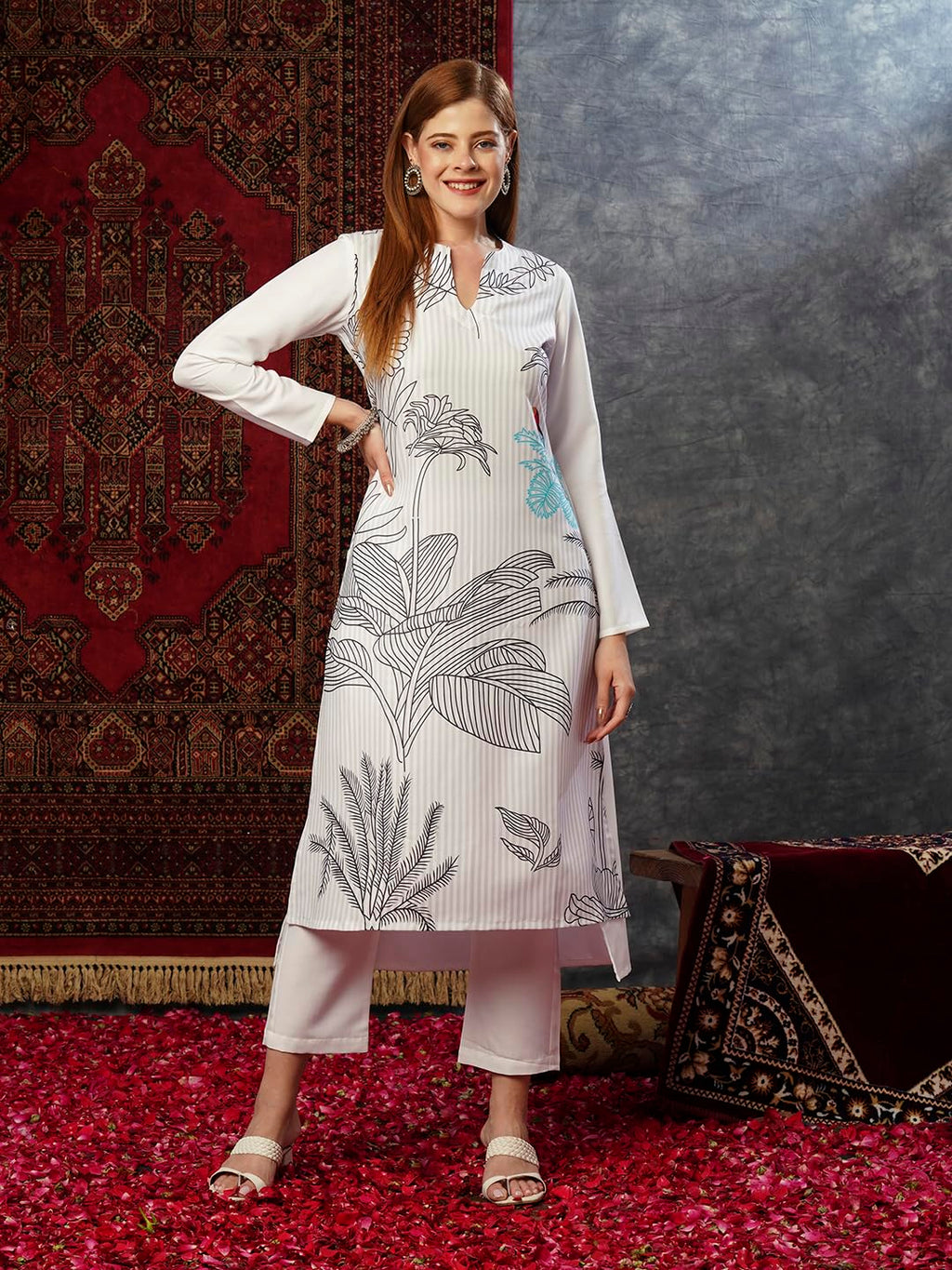 ANNI DESIGNER Ladies Cotton Blend Printed Straight Kurta with Trousers, White, M