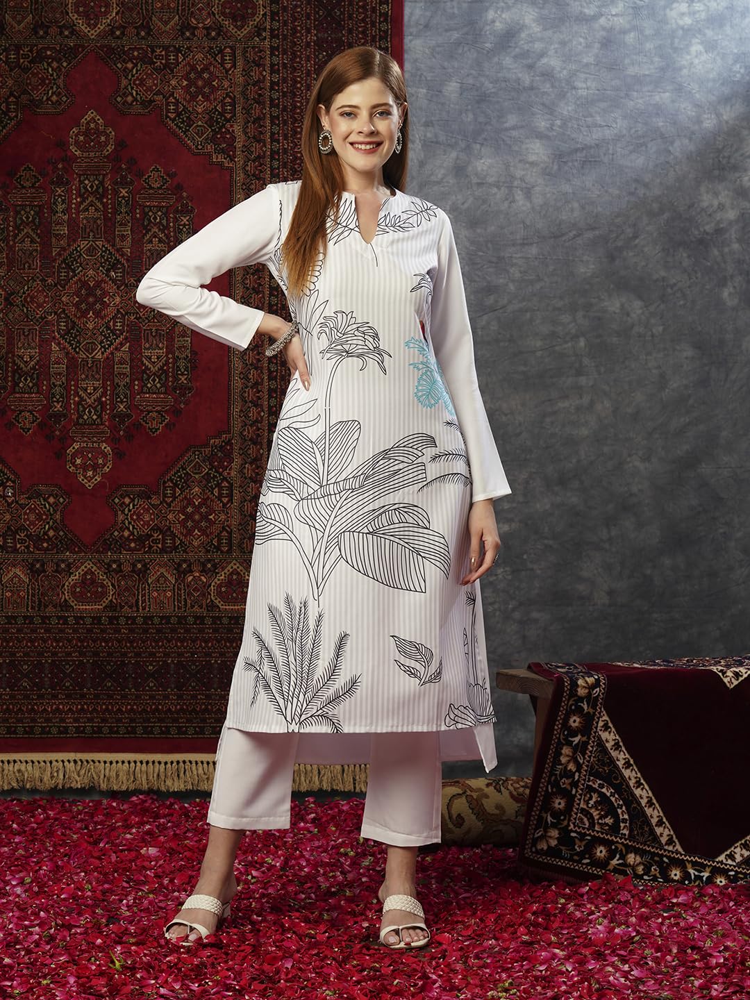 ANNI DESIGNER Ladies Cotton Blend Printed Straight Kurta with Trousers, White, XXL