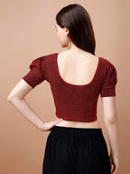 Pujia Mills Womens Readymade Shining Lycra Stretchable Round Neck Half Puff Sleeve Blouses Lycra Stretchable red Color Blouse f