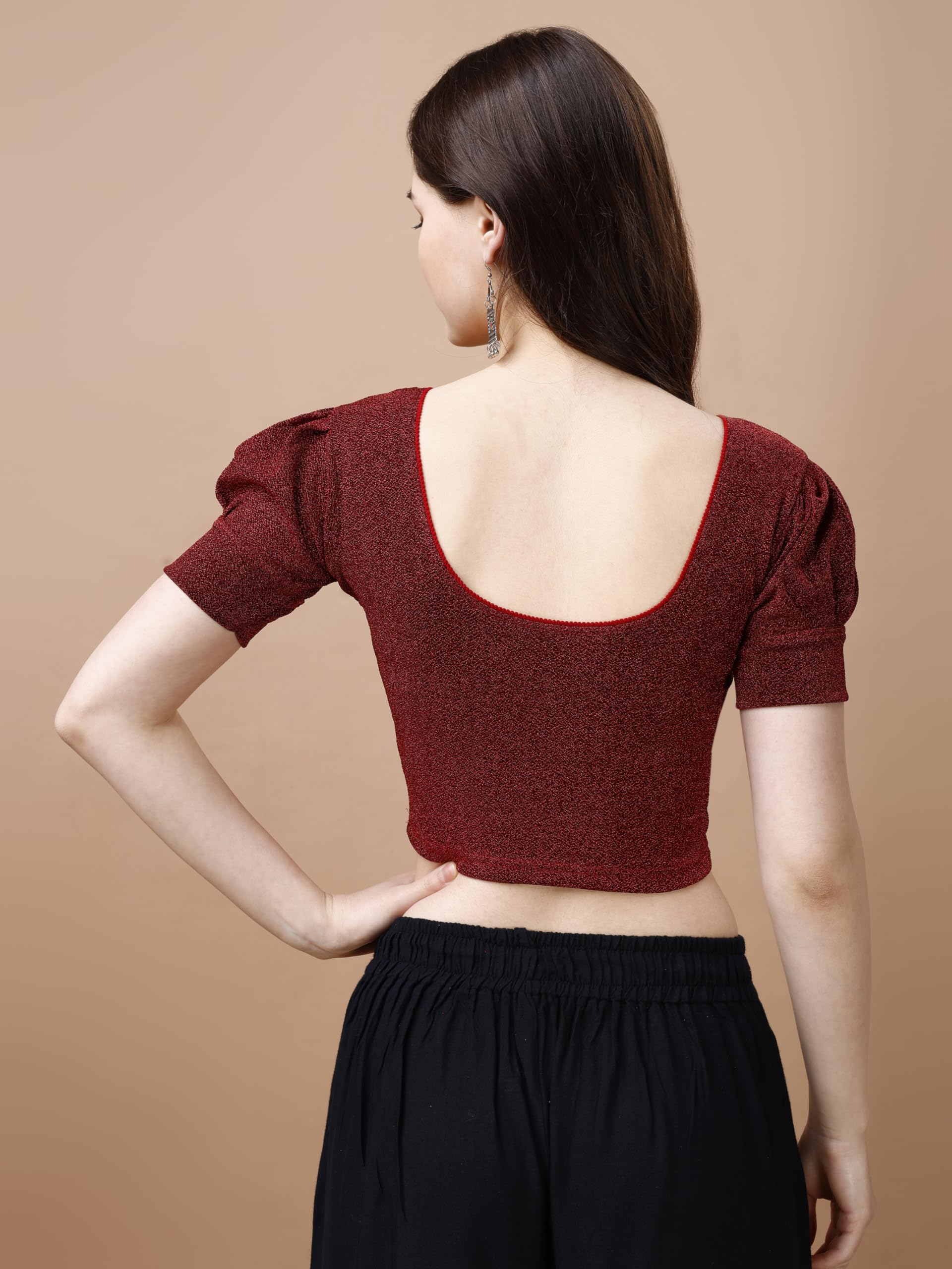Pujia Mills Womens Readymade Shining Lycra Stretchable Round Neck Half Puff Sleeve Blouses Lycra Stretchable red Color Blouse f