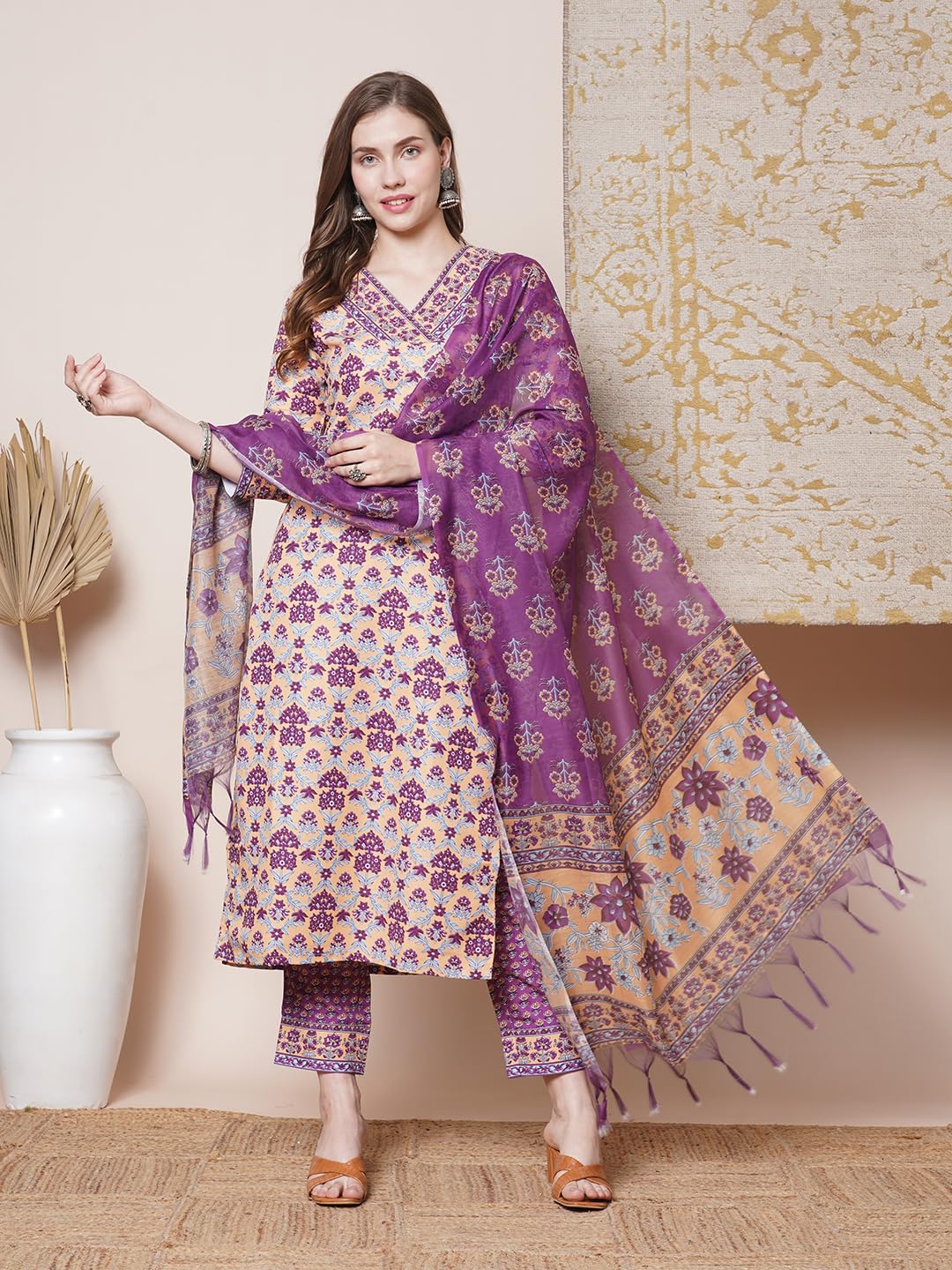 ANNI DESIGNER Women s Rayon Blend Kurta with Pants and Dupatta, Yellow, S