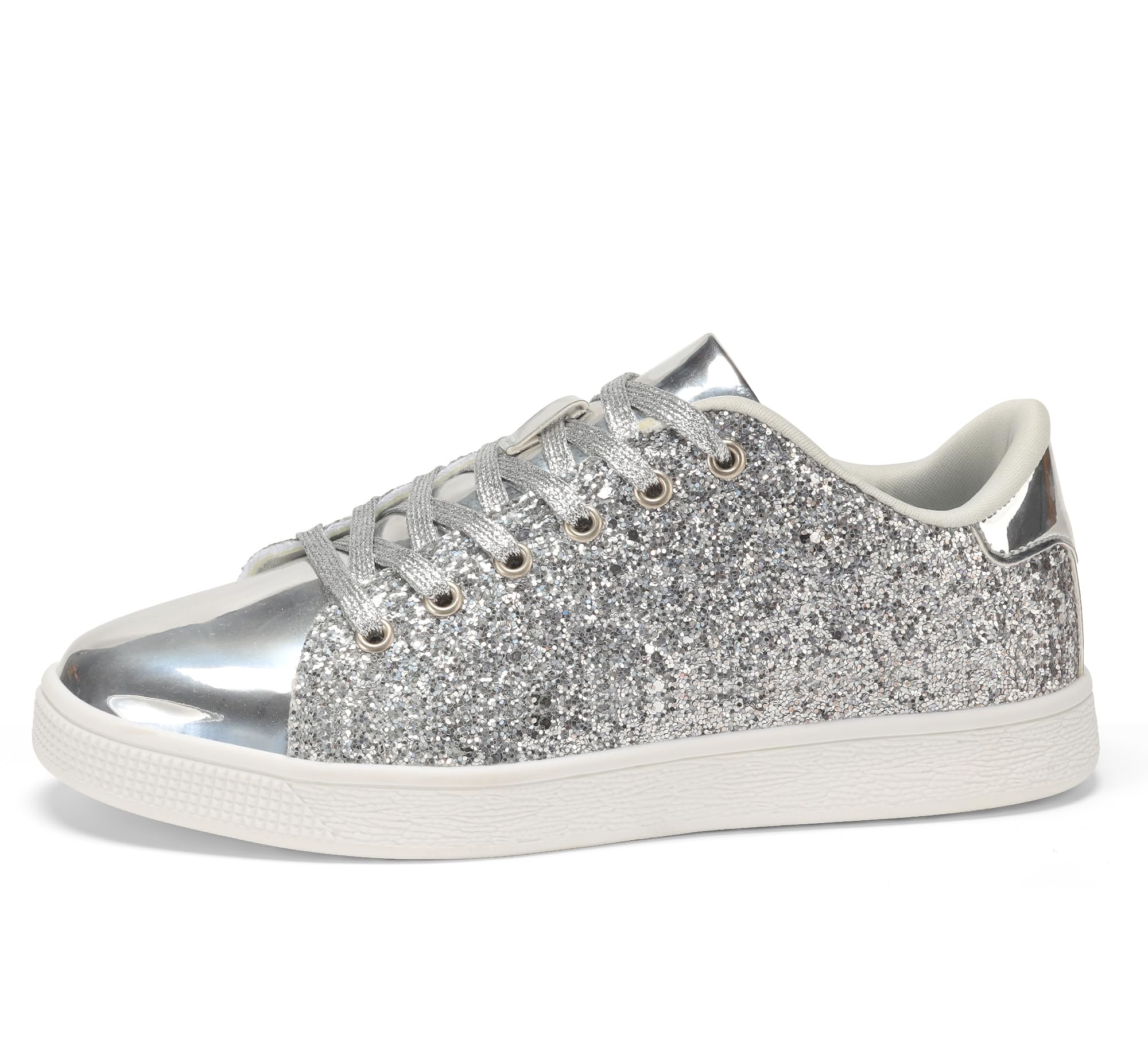 LUCKY STEP Glitter Sneakers Lace up | Fashion Sneakers | Sparkly Shoes for Women (10 B(M) US,Silver)