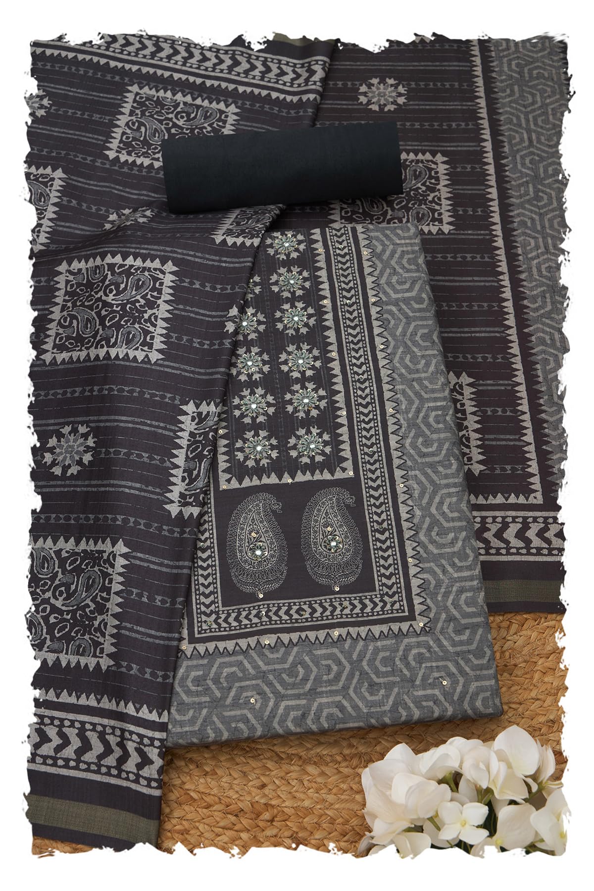 Soch Women Art Tussar Paisley Print Unstitched Dress Material with Mirror Work