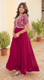 Wedani Georgette Embroidered Long Gown for Women Pink